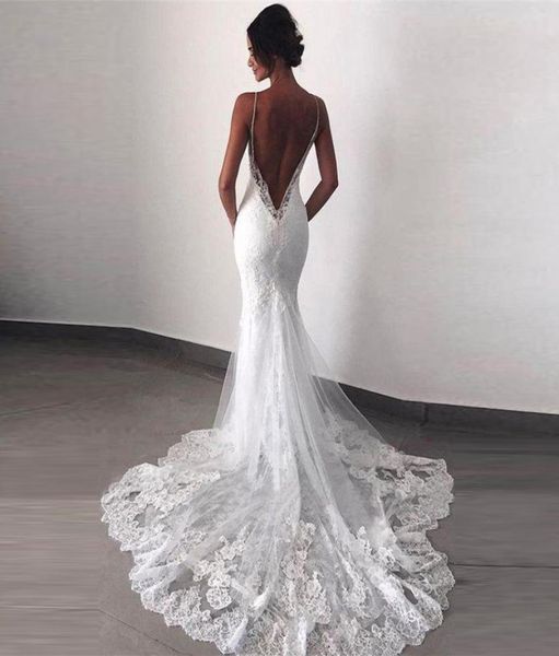 

charming white mermaid lace open back bridal wedding gowns spaghetti straps appliqued wedding dresses for bride 20223242154