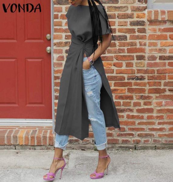 

short sleeve split shirts women asymmetrical blouse 2020 vonda fashion female casual blusas femininas plus size shirts6156277, White