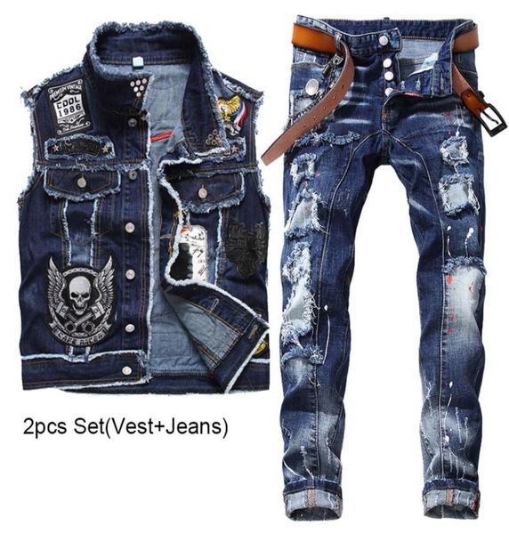

2023 new tracksuits blue men 2 pieces sets fashion slim casual embroidery skull denim vest and ragged paint patch stretch jeans co7867997, Gray