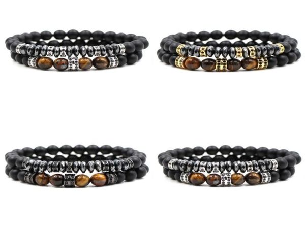 

2pcsset brand new fashion pave cz men bracelet 8mm matte beads with hematite bead diy charm bracelet for men jewelry 104 r29705400, Golden;silver