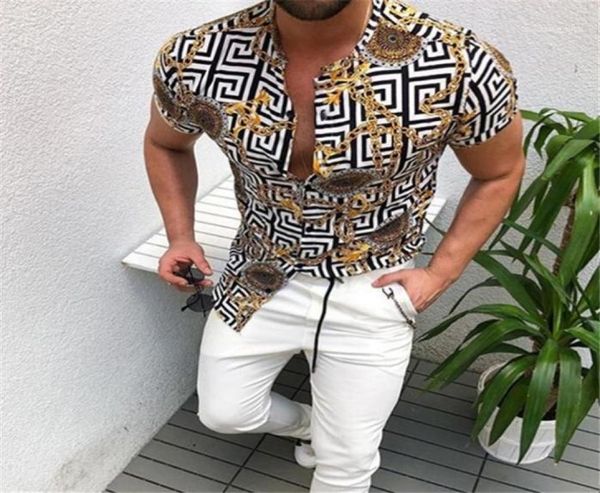 

mens shirt fashion printed shirt cardigan gold chain pattern trend short sleeve button shirt slim fit shirts fashion casual c1436470, White;black