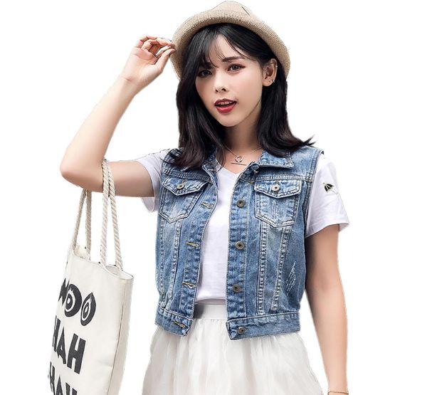

casual korean style denim vest women 2018 summer plus size waistcoat pockets sleeveless jeans jacket colete feminino chaleco2973016, Black;white