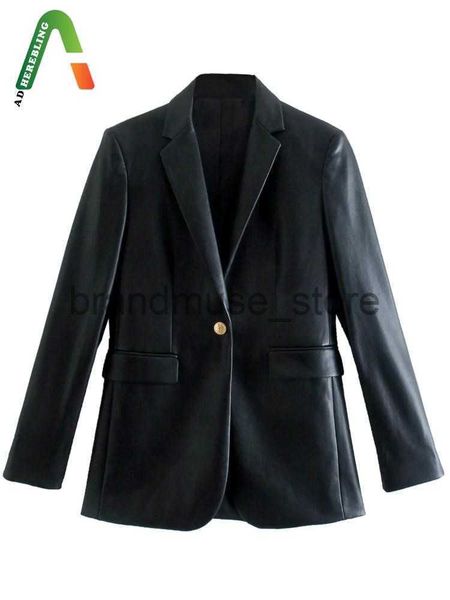 

women's jackets traf women faux pu leather jacket metal single button vintage long sleeve blazers pockets female black suit coat j23080, Black;brown