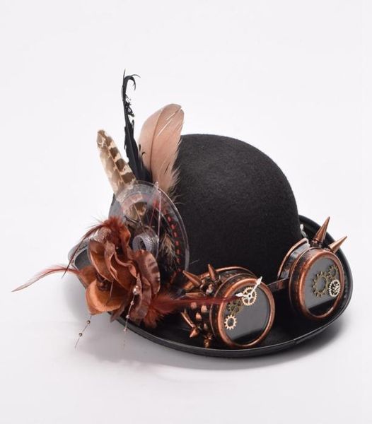 

womenmen vintage steampunk hat feathers gear glasses decoration gothic black hat headwear victorian style 927208, Silver