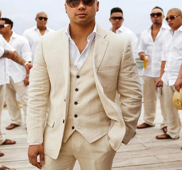 

new beige linen wedding tuxedo for groomsmen summer 3 piece man suits with notched lapel custom casual man fashion costume8370185, Black;gray