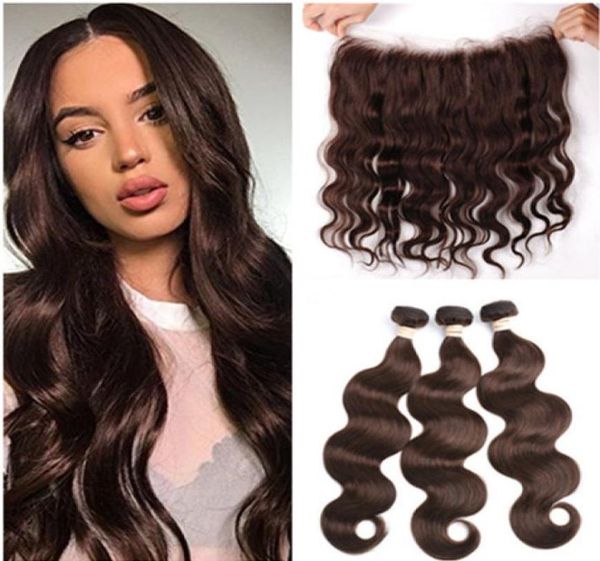 

medium brown indian virgin human hair 3 bundles with frontal body wave 4 chocolate brown weave bundles with 13x4 lace frontal clo1098121, Black