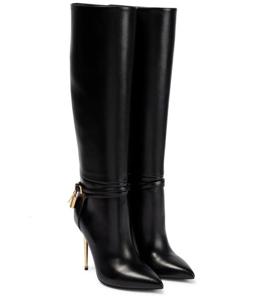 

highest quality gold hardware padlock boot gilded stiletto heel women long knee boots pointed toe party wdding lady winter booties eu35-42, Black