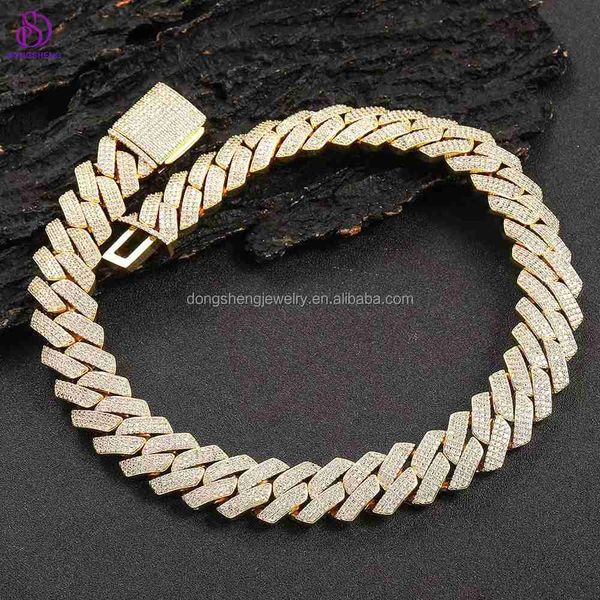 

hip hop jewelry 14k 18k plating gold luxury necklace 925 sterling silver 18mm 20mm 3 rows vvs moissanite diamond cuban chain