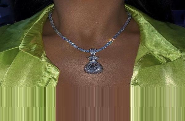 

full micro paved cubic zirconia cz iced out dollar money bag pendant hip hop women necklace with tennis box chain4006643, Silver
