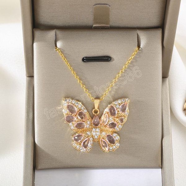 

pink crystal butterfly pendant necklace for women color personalized wedding party jewelry gift, Silver
