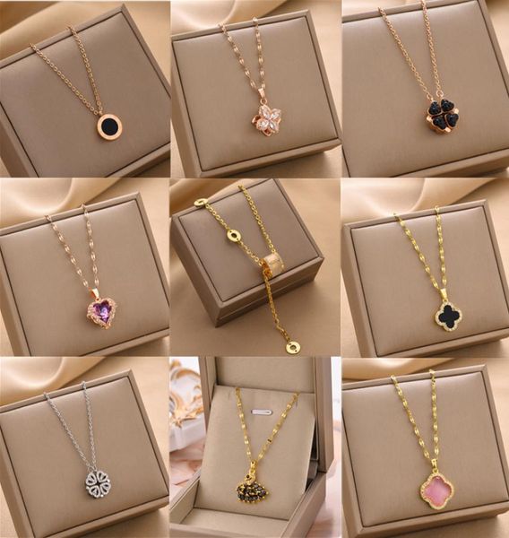 

four leaf flower necklaces not fade titanium steel love heart roman numerals letter animal design pendant fashion rhinestone choke8920806, Silver