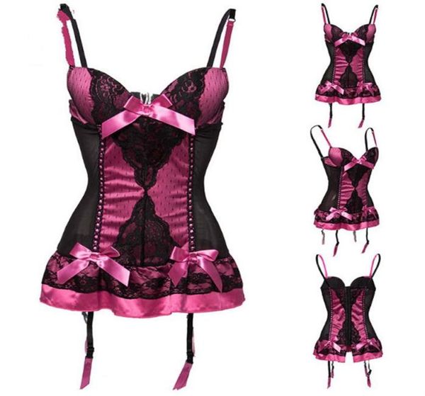 

s rose red satin black mesh push up bustier corset lingerie plus size women nightwear chemise fancy underwear206s9803116, Red;black