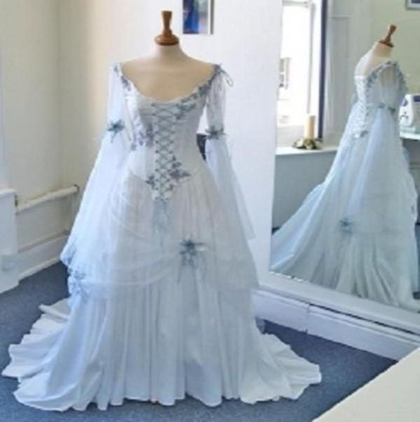 

vintage celtic wedding dresses white and pale blue colorful medieval bridal gowns scoop neckline corset long bell sleeves applique1484385