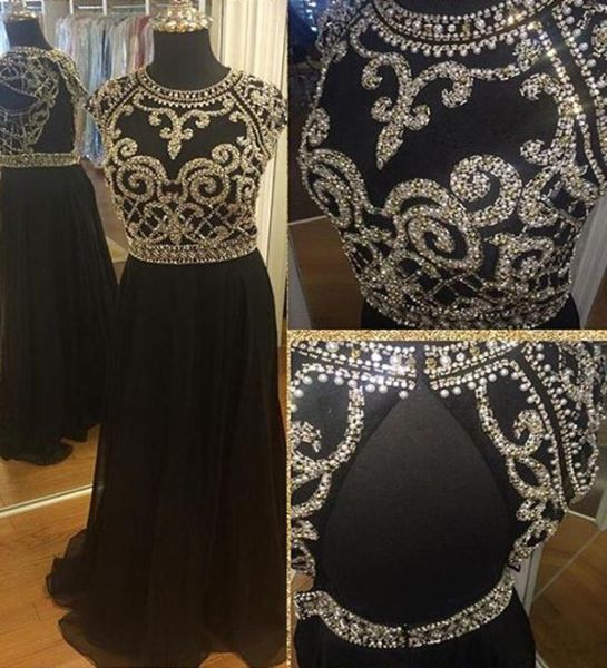 

2021 design crew neck evening dresses arabic muslim gold beadings summer hollow back black chiffon banquets prom gowns party9777131, Black;red