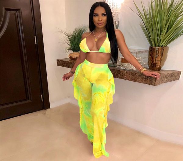 

bright yellow two 2 piece set women halter bandage bra crop ruffles long pants 2020 summer beach 2 pcs matching sets2430743, Gray