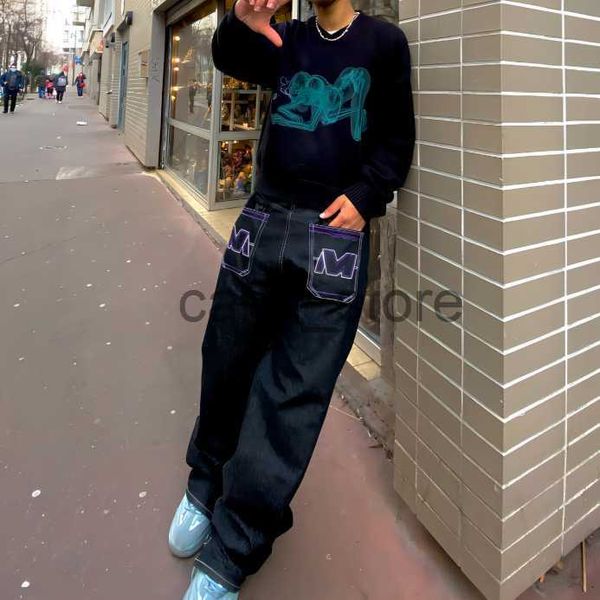 

men's jeans  letter embroidered multi-pocket cargo jeans black jeans streetwear loose teen high waisted jeans ripped jeans men pants j, Blue