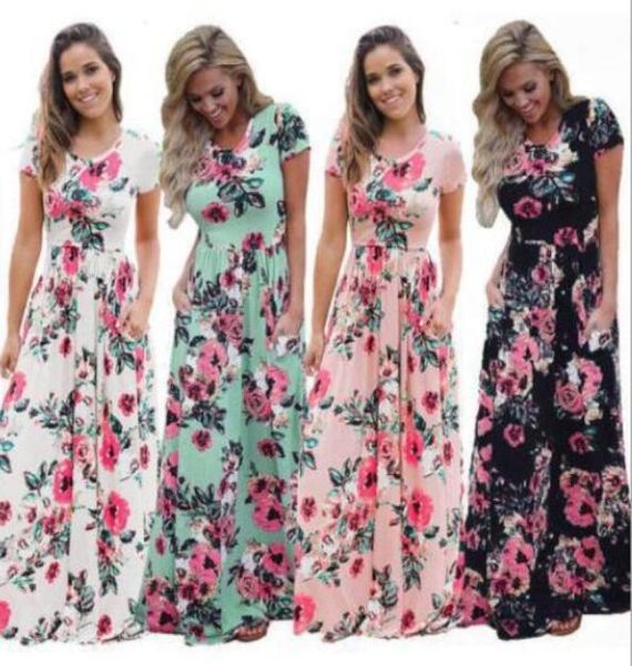 

new designer dressess summer women print short sleeve boho dress evening gown party long maxi dress fashion sundress clothing 5 color9533302, Black;gray