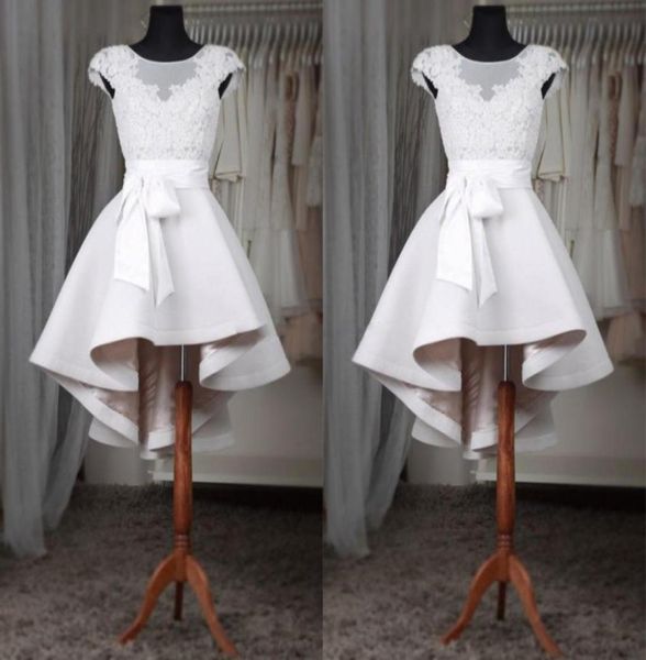 

2018 real image white short homecoming dresses sheer neck cap sleeves appliques lace satin custom made high low prom dresses fast 1933287, Blue;pink