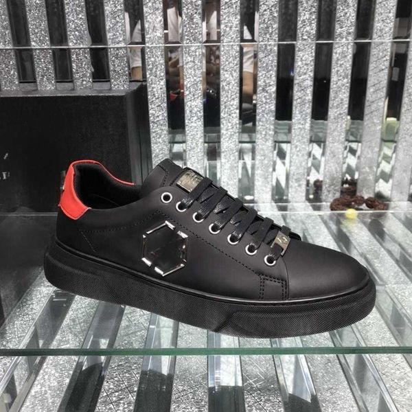 

philipps pleins fashion men shoes men leather lace up platform oversized sole sneakers white casual shoes printed us 7-11, Black