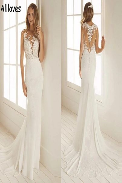 

modest satin mermaid wedding gowns for brides sheer neck lace appliqued beach boho bridal dress sweep train illusion buttons back 2453949, White