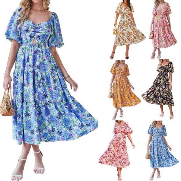 

womens square collar puff short sleeve back pleating printed dress, Black;gray