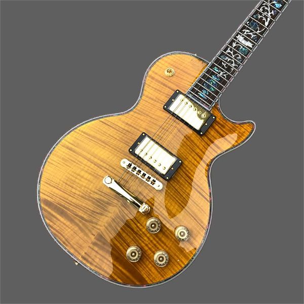 

custom shop, lp standard electric guitars, gold hardware, yellow flame maple guitars ing