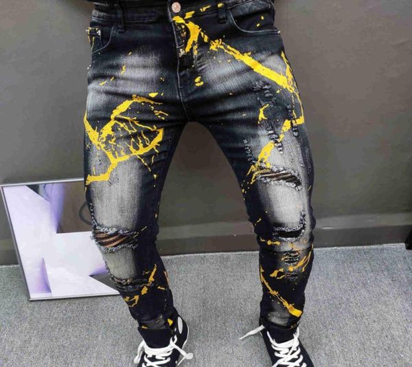 

men039s jeans black gold paint print men european street s pant hip hop motorcycle pants denim fashion graphic trendy jean homm7252174, Blue