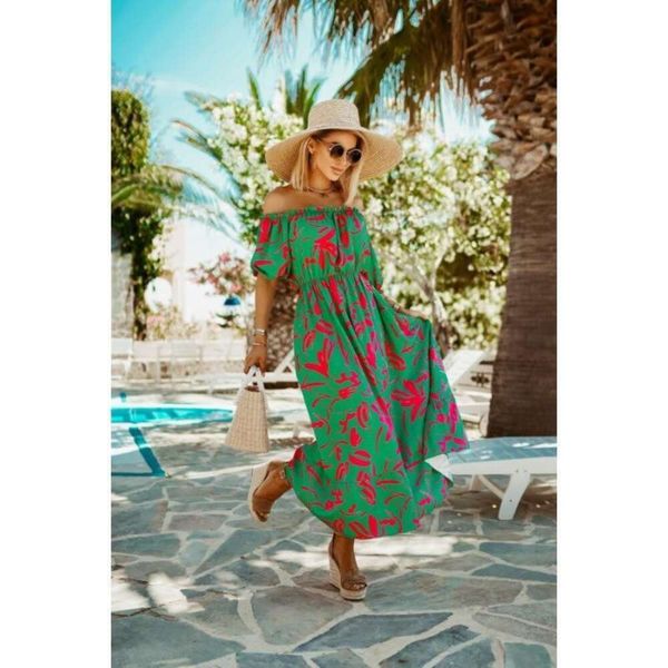 

tong fashion off neck printed short sleeve vacation style dress, Black;gray