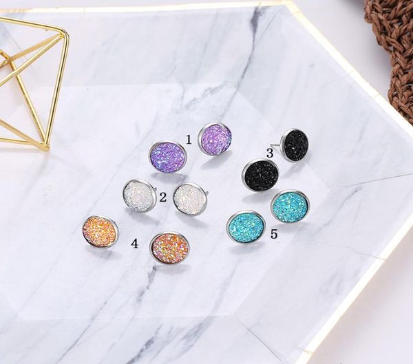 

women minimalist round druzy stone stud earrings shining resin stainless steel hypoallergenic earrings for lx03864427150, Golden;silver
