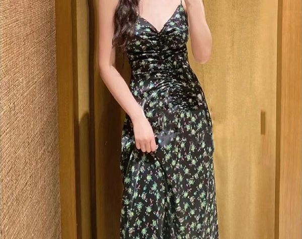 

sandro floral slip dress v-neck pleated backless midi dress for women, Black;gray