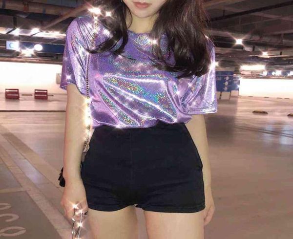 

summer woman shiny loose short sleeve t shirt club aesthetic harajuku women stylish bright silk tshirt one size4189227, White