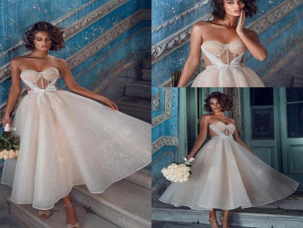 

romantic lace tea length wedding dresses summer sparkling sweetheart tulle beaded bow tie beach garden wedding dress pregnant brid7874088, White