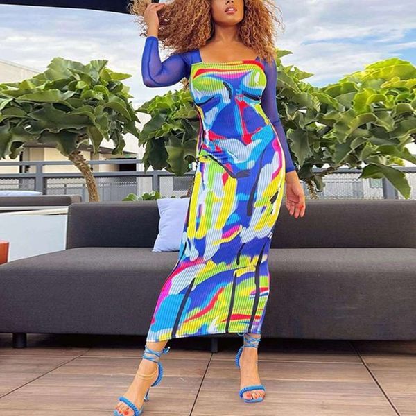 

item title womens clothing wholesale autumn style blue print stitching mesh long skirt tight fitting sleeved dress, Black;gray