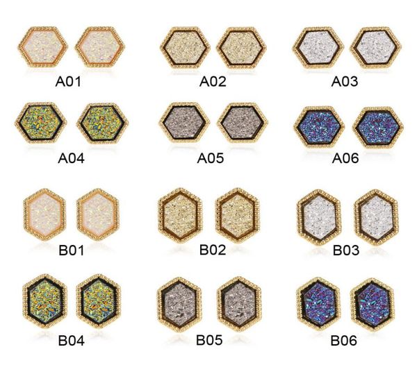 

selling 18k gold filled druzy stud earrings trendy womens wholesaling 12mm hexagon resin drusy earring jewelry4333113, Golden;silver