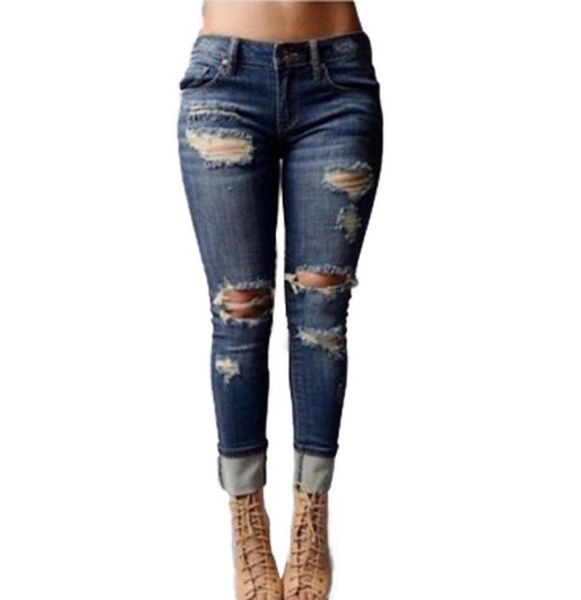 

selling women039s juniors distressed ripped slim fit stretchy jeans skinny denim capris pants broken holes design4977677, Blue