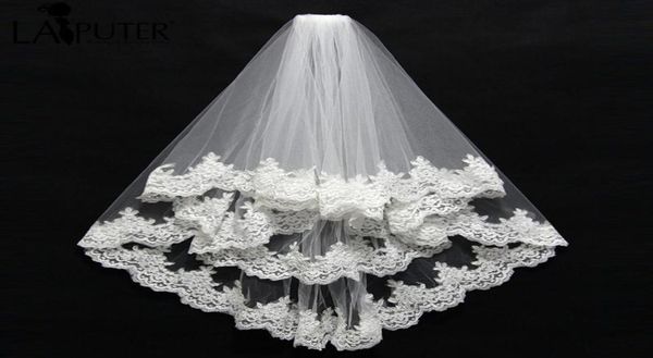 

new bridal veils whiteivory twolayer lace applique edge bride wedding dresses accessories with comb short hair veil93240361879884, Black