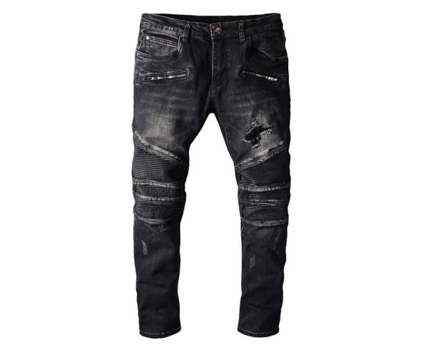 

mens distressed fold skinny black jeans fashion designer washed pleated panelled zipper slim fit motorcycle biker hip hop denim pa9784350, Blue