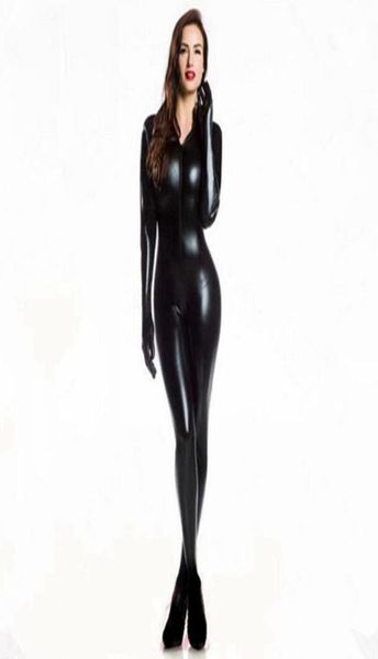 

women wetlook pvc latex lingerie bodysuit with gloves open crotch clubwear fetish catwoman faux leather catsuit costumes1868420, Black;white