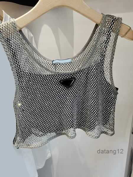 

triangle badge p-letter baroque women vest tanks fashion black mesh t shirt satin shinning diamond sling camis gift for girls clothing vtx5, White