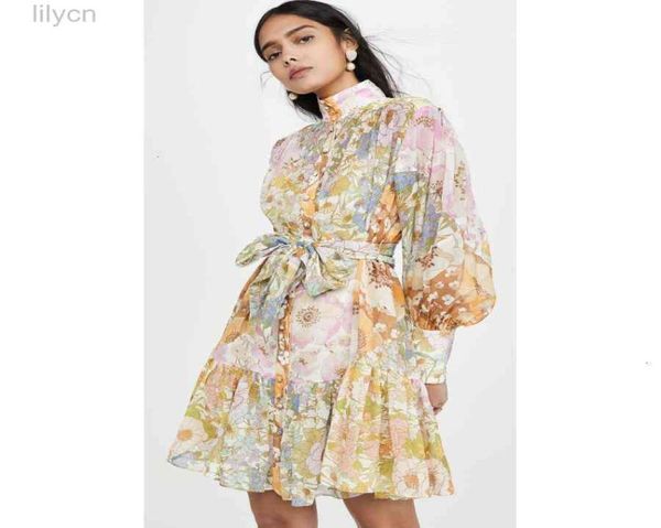 

high neck flower print multi-color chiffon women dresses lantern sleeve stand single-breasted dress female sashes pleated2584189, Black;gray