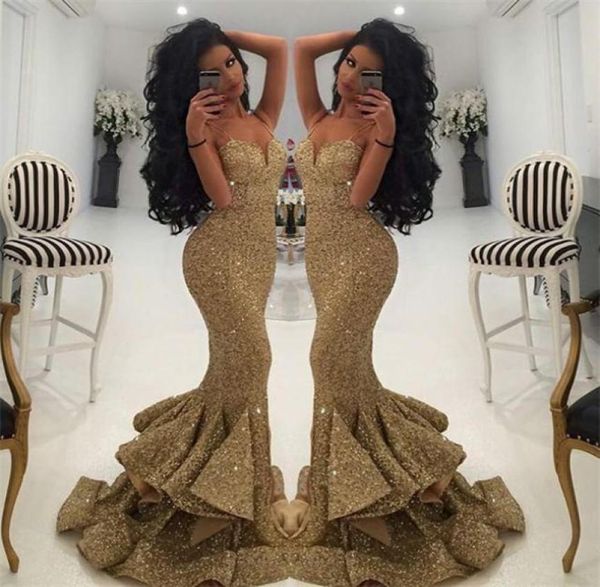 

bling gold sequins mermaid prom dresses spaghetti open back ruffles sweep train evening gowns pageant dress4968681, Black