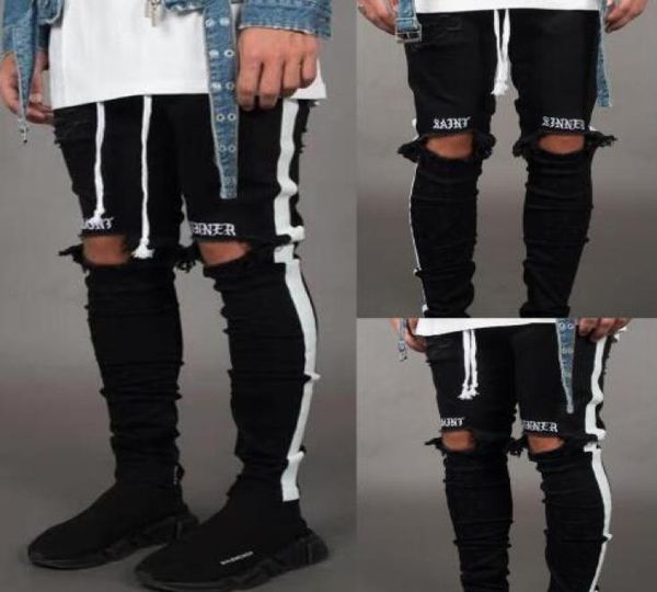 

mens jeans pants casual skinny white side jeans hip hop broken zipper nightclub pants street style black and white9406635, Blue