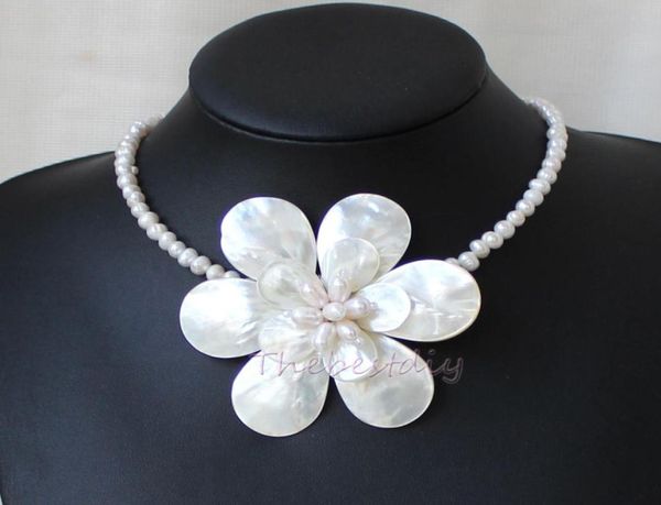 

handmade natural fw pearl shell flower necklace statement necklace3809710, Silver