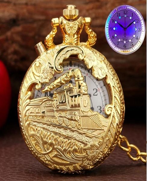 

luxury gold luminous led quartz pocket watch train locomotive engine steampunk quartz fob light watch gifts for men women 22066305024, Slivery;golden