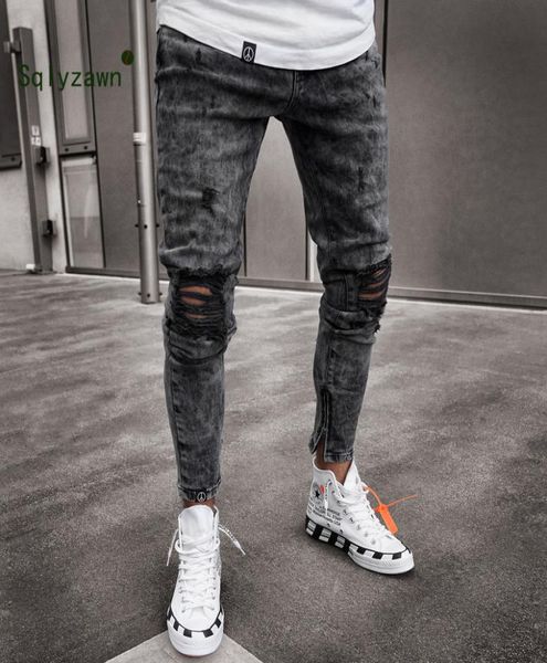 

men low waist jeans skinny slim ripped distressed pleated knee hole denim pants 2019 summer black stretch leg zip pencil jeans3268740, Blue