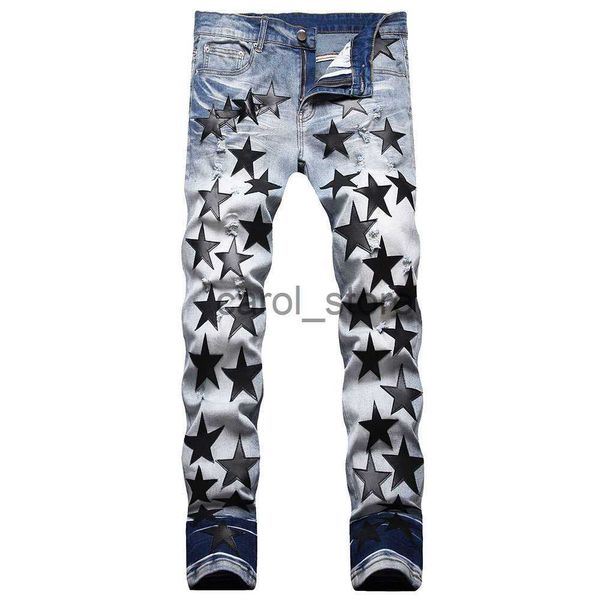 

men's jeans 2022 hip hop black star leather stitching ripped jean brand patchwork jean men denim pant summer streetwear ripped tights p, Blue