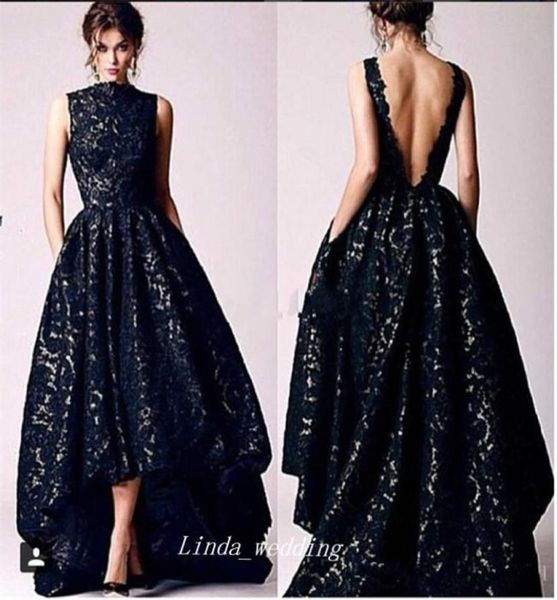 

2019 new arrival high collar long evening dress vintage arabic lace backless high low formal women party gown plus size2438108, Black;red