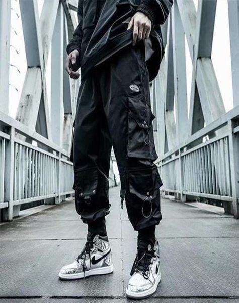 

harajuku paratrooper pants men039s clothes loose tactical hip hop drawstring cargo multipocket overalls techwear casual trouse9564461, Black