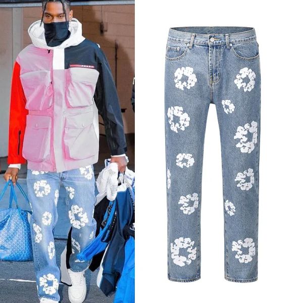 

new flower full print jeans pants oversized streetwear straight casual men and women denim trousers, Blue