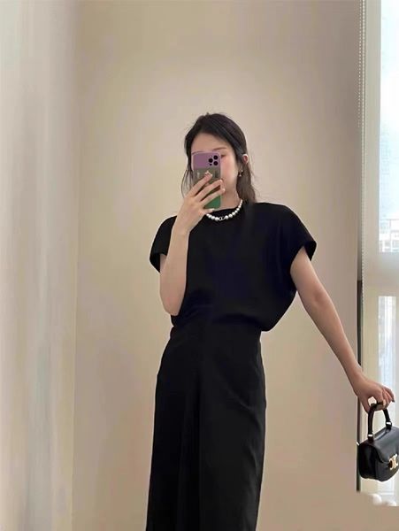 

women summer autumn toteme round neck short sleeves slouch waist midi dress, Black;gray
